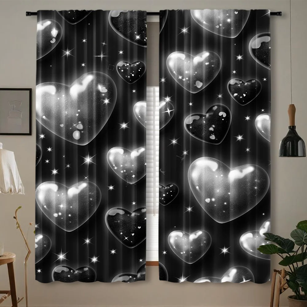 Glossy Transparent Heart Curtain 2 Panels, Glitter Star Bubble Heart Allover Black Tone Print,Curtains Balcony Valentine Curtain