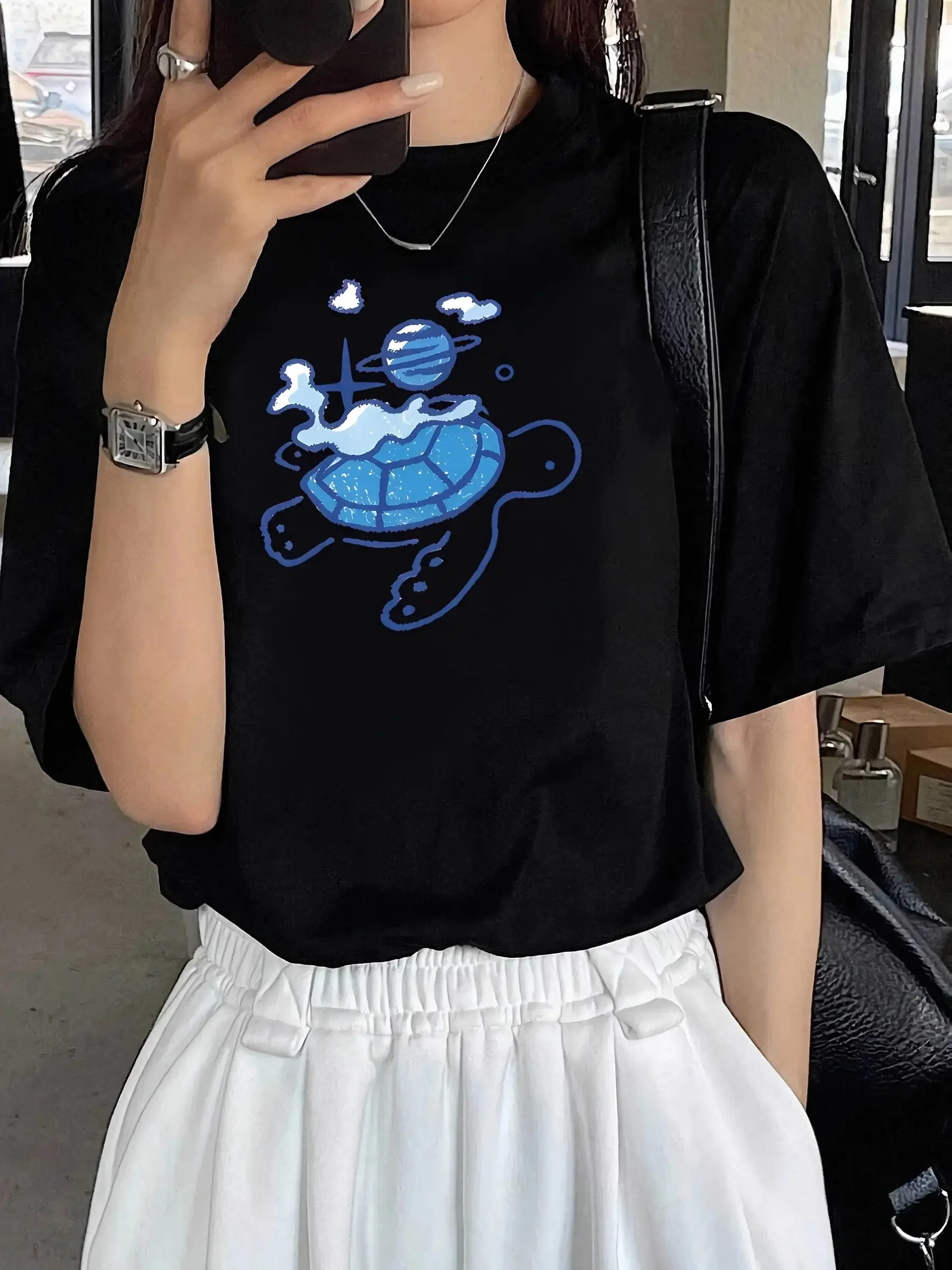 

Женская футболка с космической тематикой, космонавт, черепаха, планета, принт, дышащая, средней посадки, всесезонный наряд, Harajuku, с коротким рукавом, повседневная