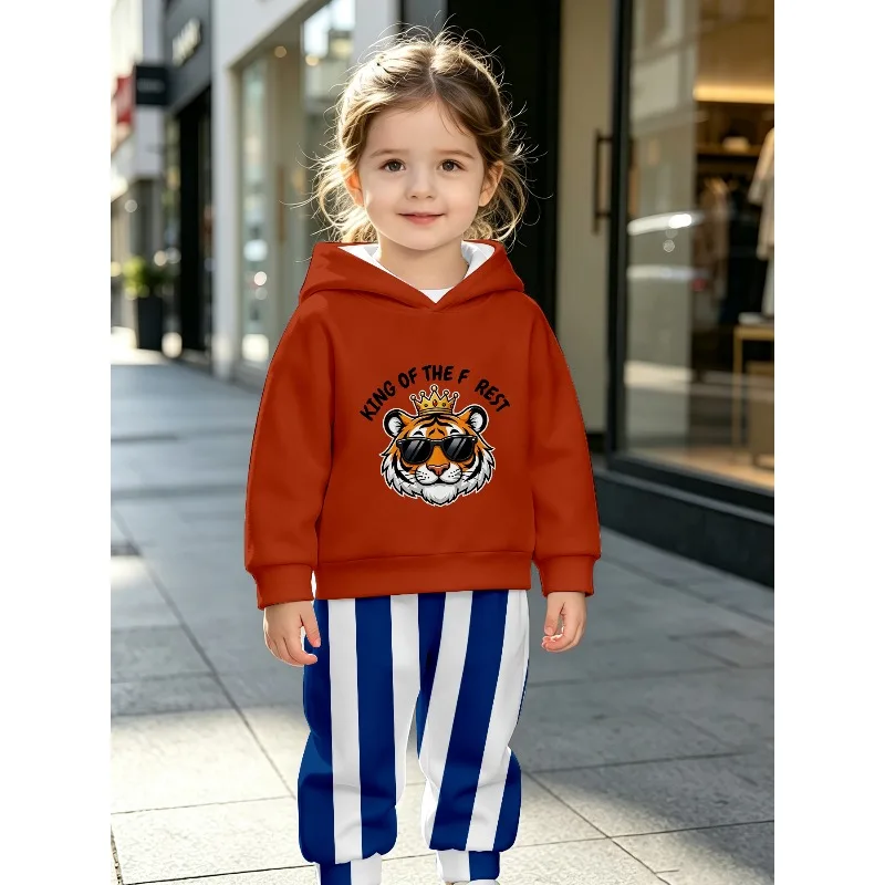 Unisex Toddler Hooded Jogger 2Pcs Tracksuit, Crown Tiger, Gradient KING Letter, All Over Dinosaur Print Kids Casual Play Outfit