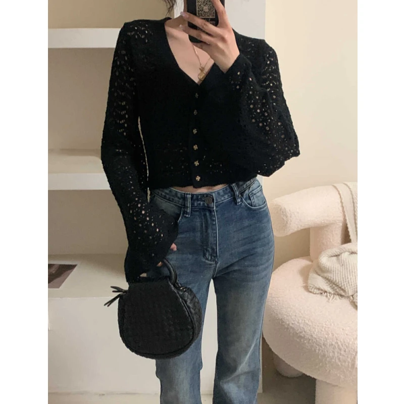 Button Front Pointelle Knit Cardigan Sheer Crochet V Neck Bell Sleeve Sweater for Women Spring Summer Casual Outfit