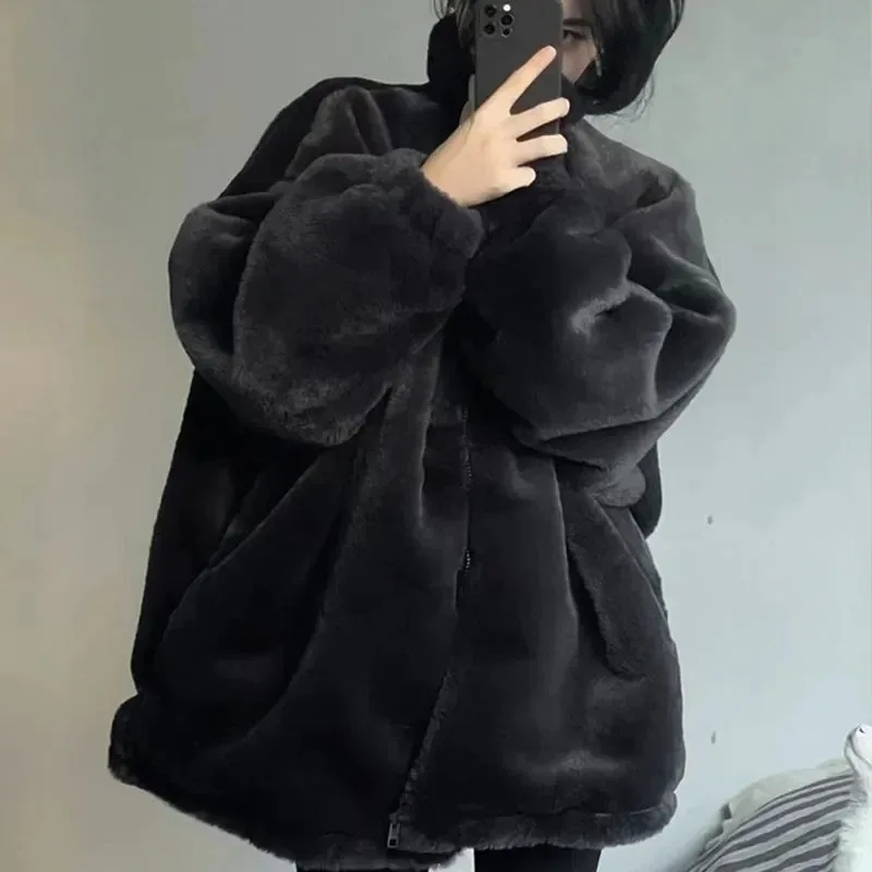 Zwart Fleece Jack Dames Koreaanse Stijl Winterkleding Vrouwen Warm Rits Pluizig Jasje Oversized Faux Bontjassen Vrouwelijke Bovenkleding