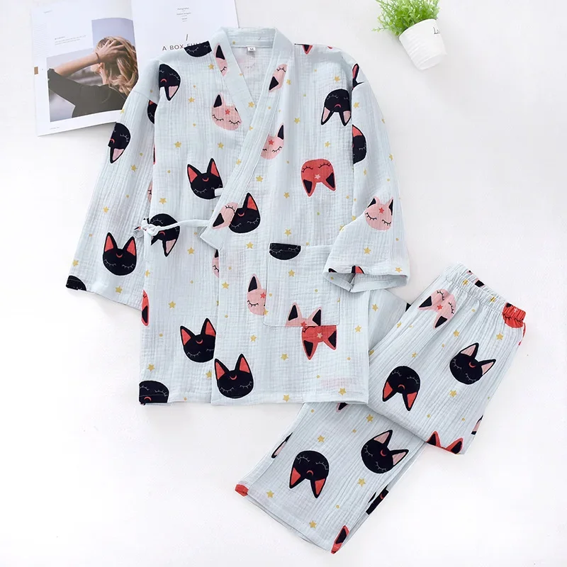 Camisola de quimono de algodão estampado bonito feminino, pijama feminino, roupa de dormir, roupa doméstica, lingerie de verão, roupão, roupas domésticas, 2 peças