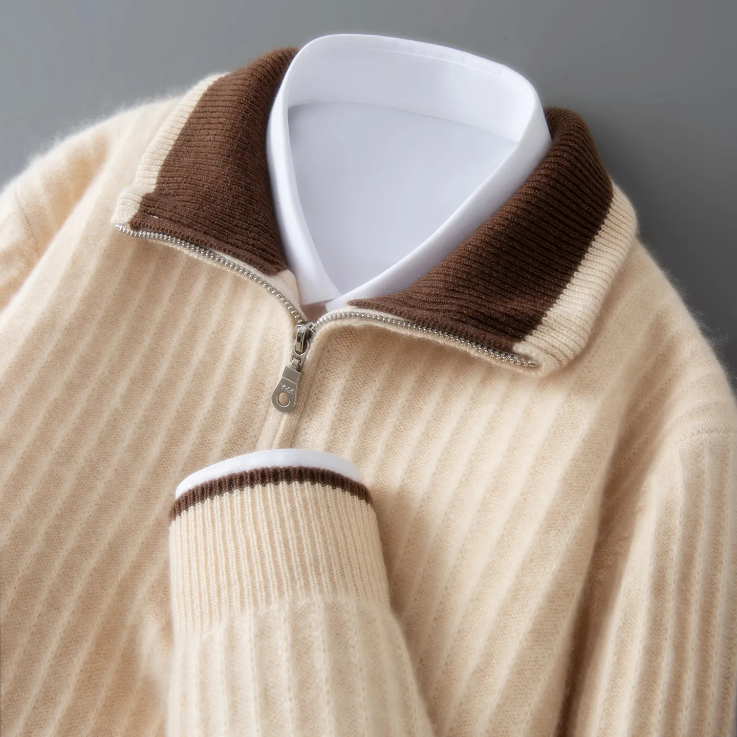 Autumn and winter men's pure cashmere contrast lapel zipper pullover sweater thickened casual sweater.