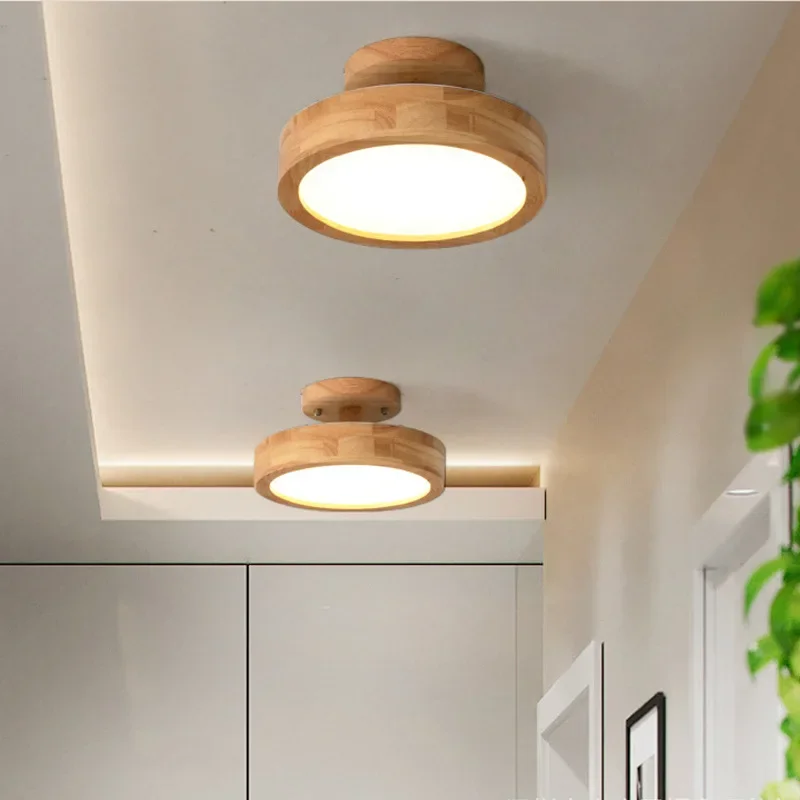 

Japanese Natural Wood Ceiling Lights For Corridor Round Wooden Surface Mounted Bedroom Lighting Modern Store room Lamp