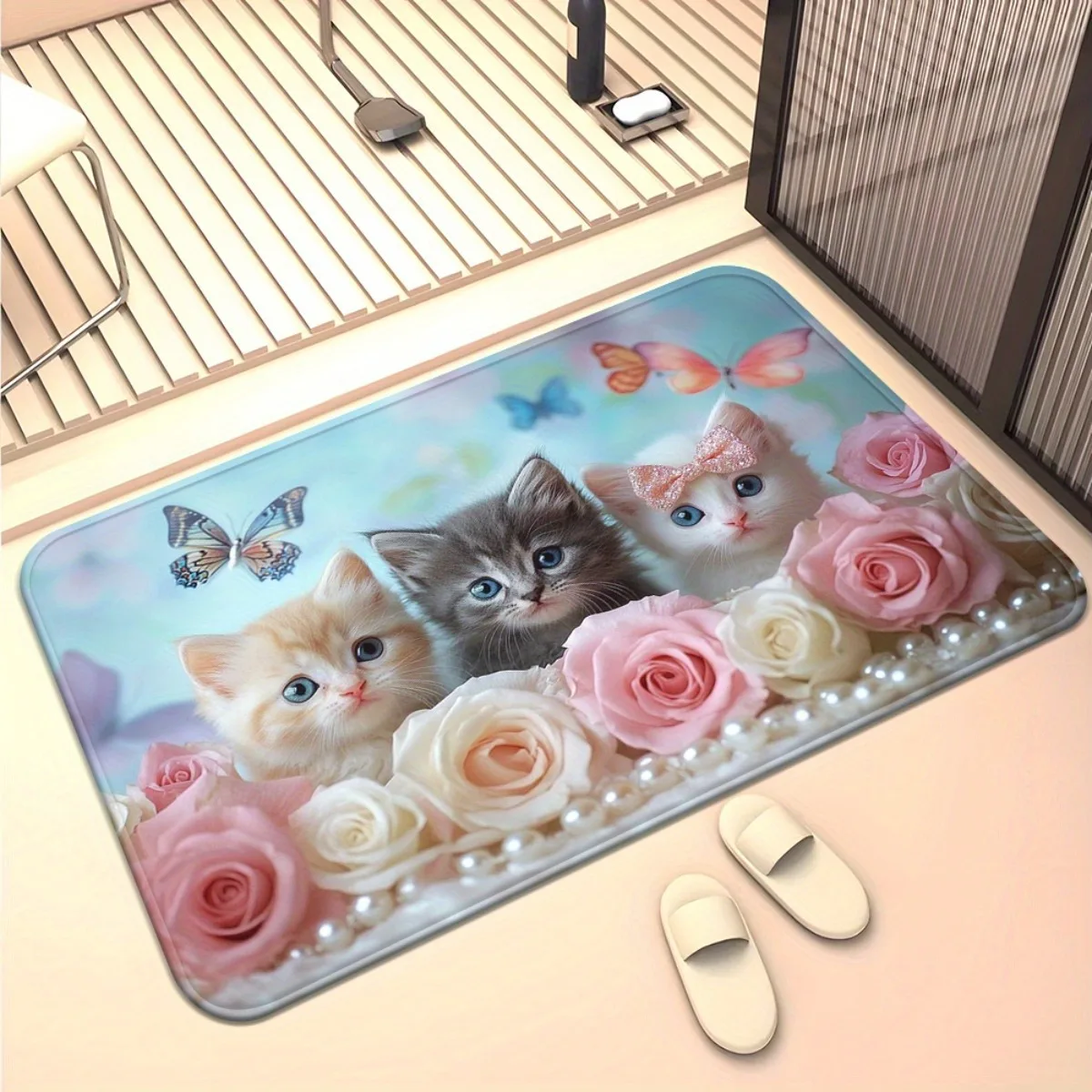 ممسحة لطيفة على شكل قطة وفراشة وردية، سجادة أرضية مضادة للانزلاق، ديكور حمام منزلي، هدية جمالية جميلة #4