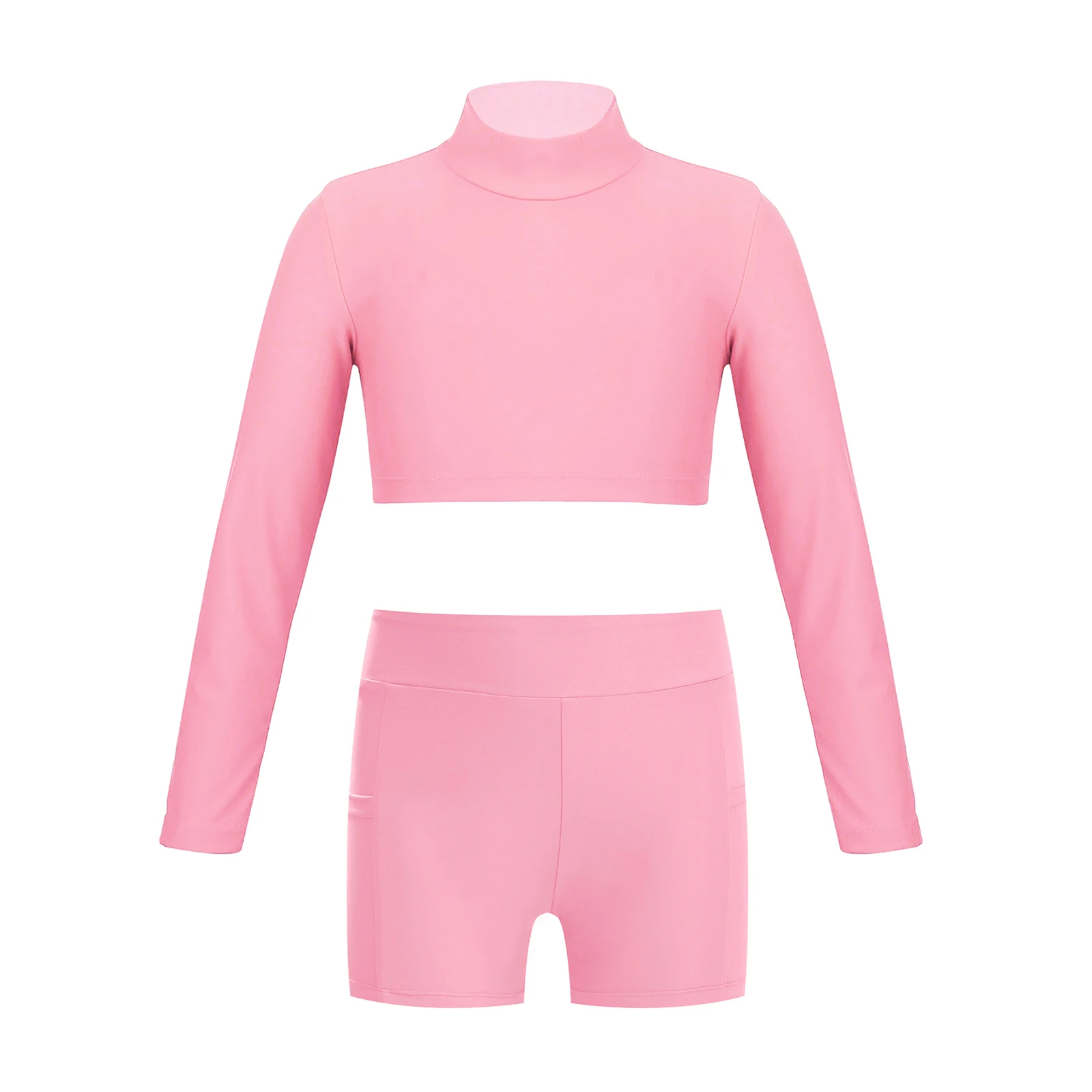 

Kids Girls Summer 2-piece Sportswear Set Long Sleeves Crop Top with High Waist Shorts for Workout Tennis Swim Stage Performance