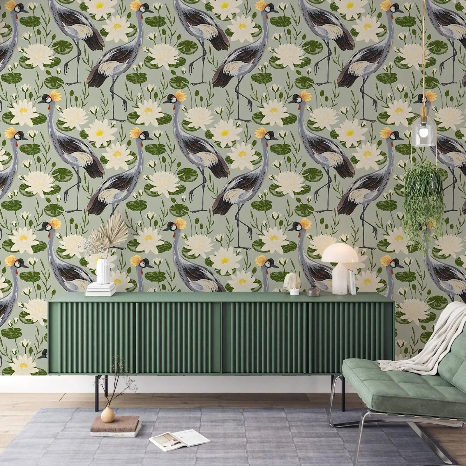 Green Crane Birds Wallpaper Peel and Stick, Heron Asian Wall Mural,Vintage Crane Birds Wall Art, Self-adhesive Or Traditional
