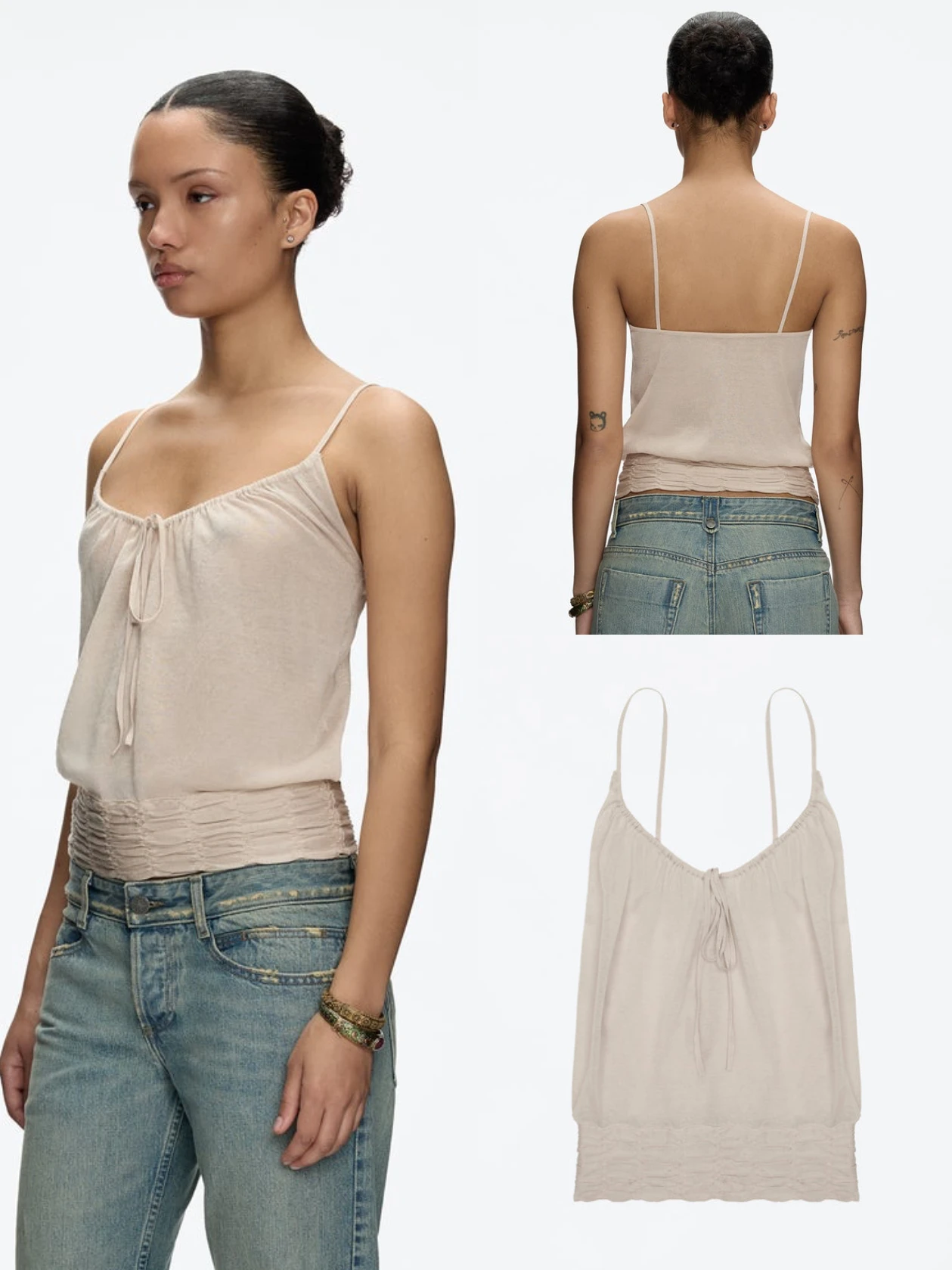 

Tank Top in Apricot with Semi-Sheer Knit and Spaghetti Straps, Short and Sexy Top, Brown Cinched Waist Elastic Camisole, Adjustable Ruched Neckline Design, Casual Short Vest