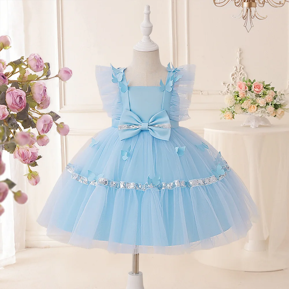 Girl Sequins Bow Mesh Ball Gown Elegant Princess Wedding Childrens Fashion Show Violin Birthday Party Piano Performance Costume