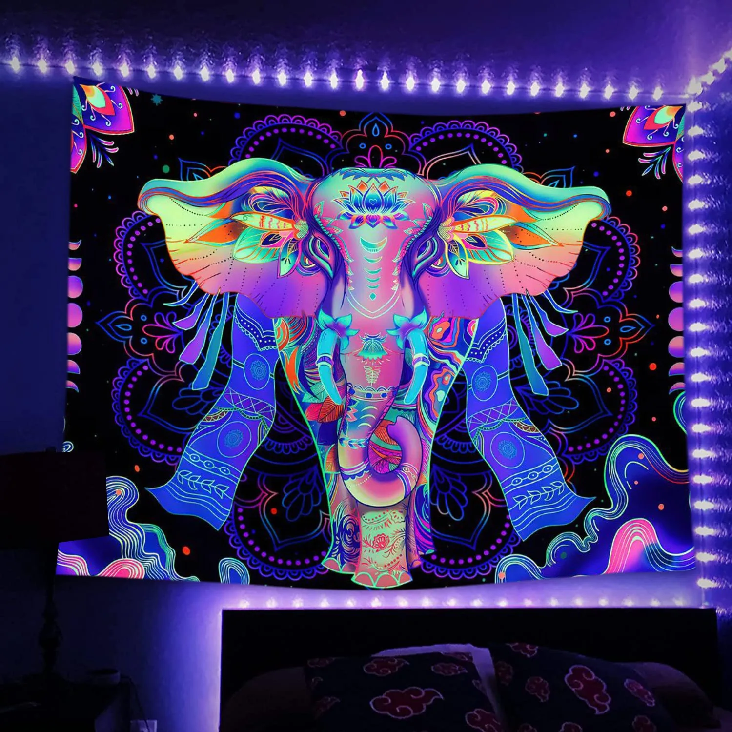 

UV Reactive Blacklight Tapestry Psychedelic Elephant Mandala 2D Flat Printed Peach Skin Wall Hanging Bedroom Aesthetic Party
