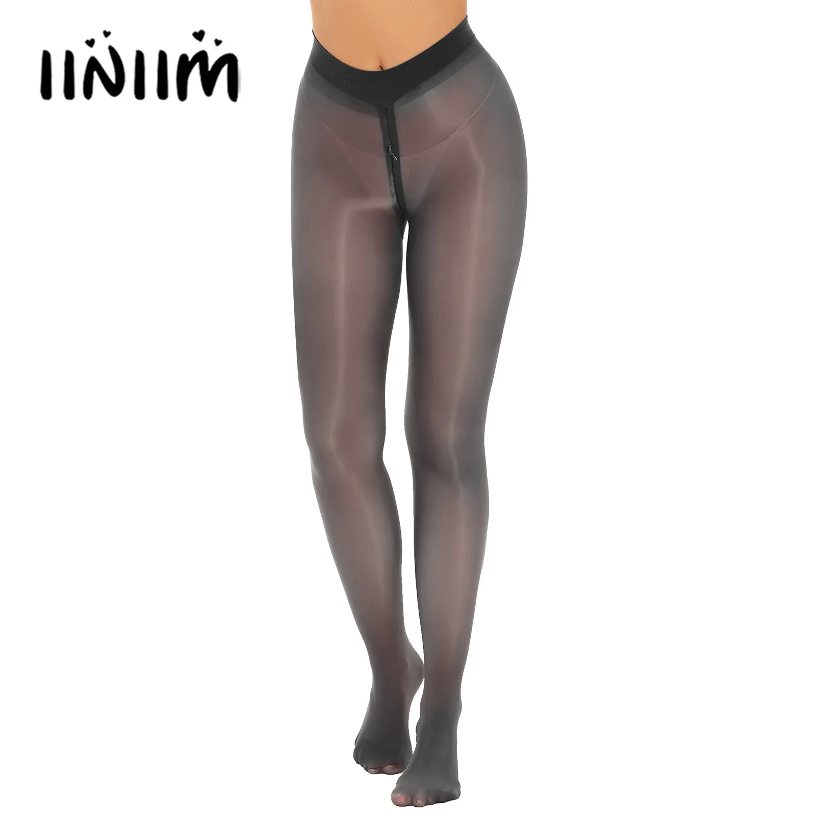 

Women Sexy Zipper Crotch Sheer Pantyhose Stretchy See-through Tights Pants Lingerie Pants Solid Color Elastic Waistband Leggings