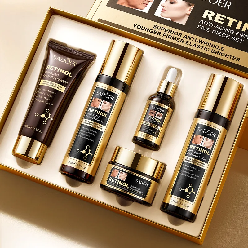 5pcs Retinol Skin Care Set Face Toner Essence Cream Facial Lotion Moisture Anti-Aging Serum Cleanser Women Skincare Products