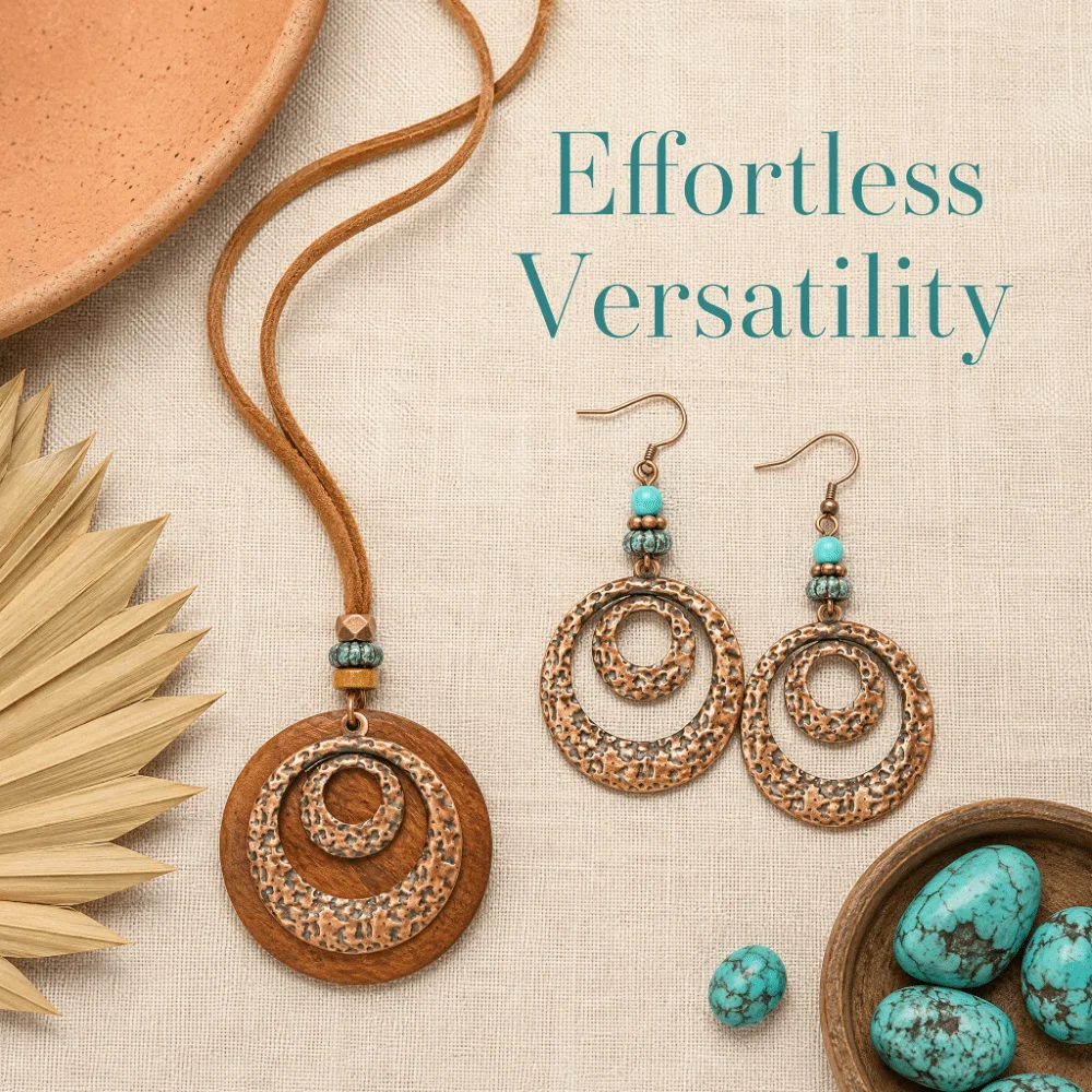 Alloy Geometric Jewelry Set Vintage Distressed Finish Wood Earrings Set Geometric Shape Retro Style Women Pendant Party Wear
