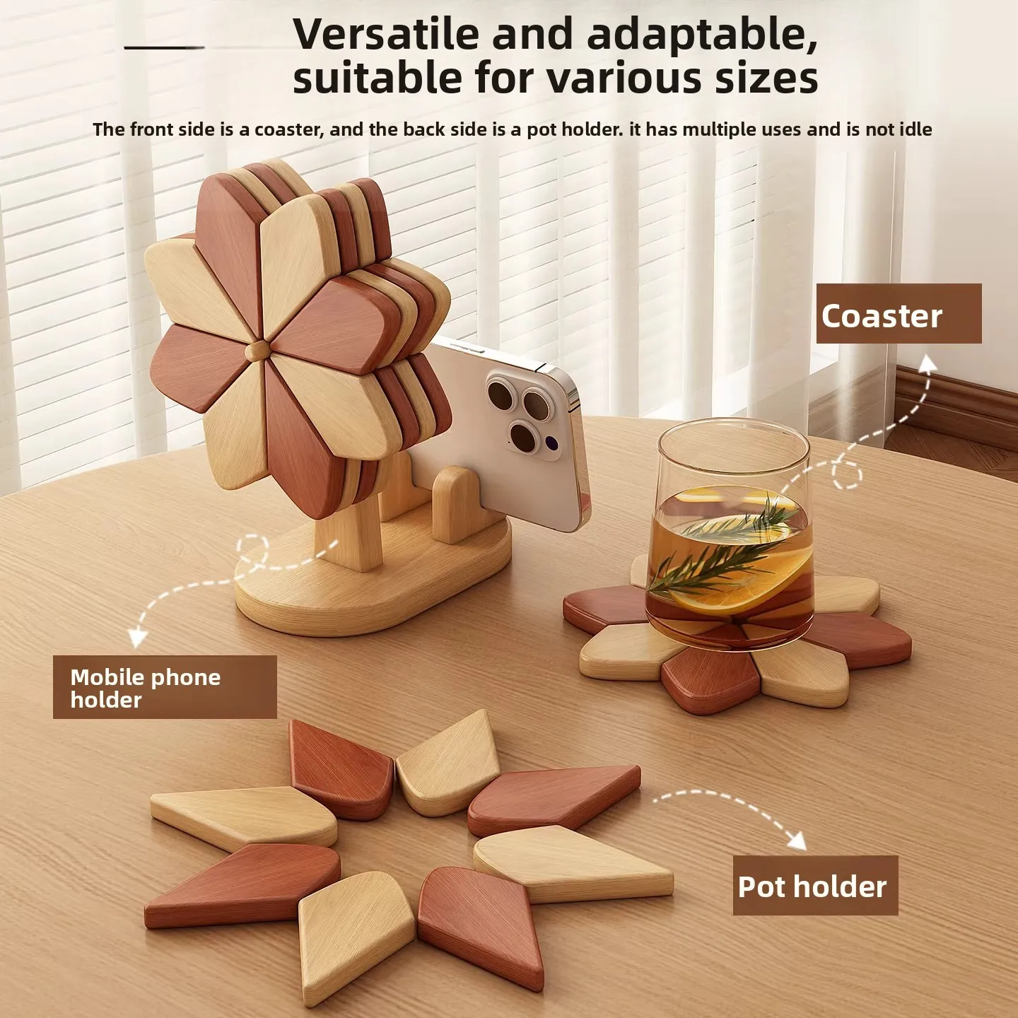Wooden Windmill Coaster & Phone Stand, Heat Resistant Trivet for Cups/Pots, Foldable Table Decor