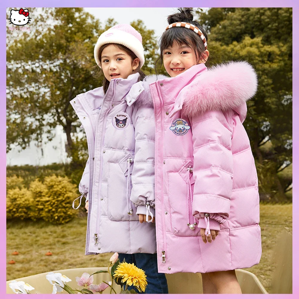 

Зимние детские длинные пуховики Cinnamoroll, куртка в стиле аниме Kuromi Hello Kitty, пальто с плюшевым воротником и капюшоном для девочек, теплое пальто