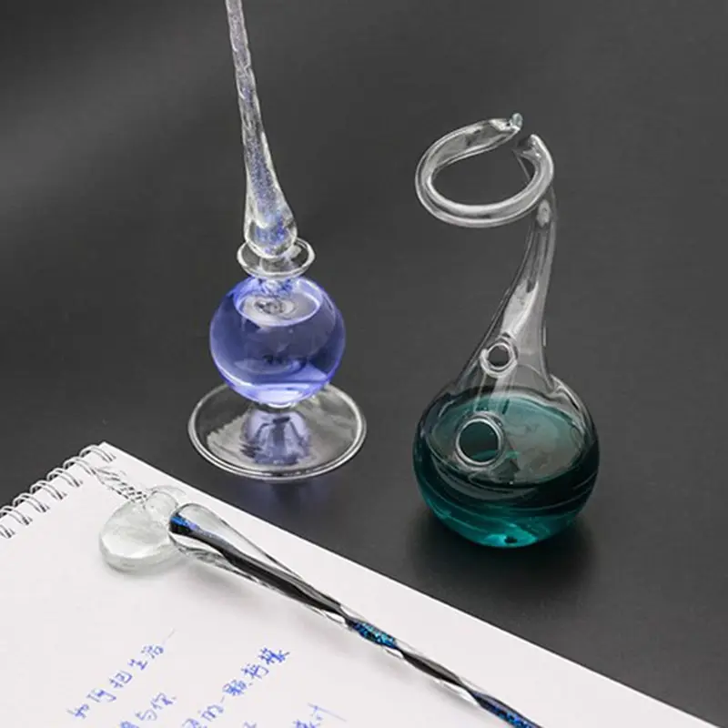 1pc Handicraft All-Clear Glass Inkwell Dip Pen Holder Furniture Decoration