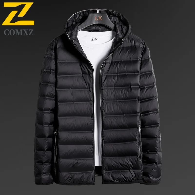 COMXZ 2025 Mens Winter Hooded Thick Puffer Jacket American Style Waterproof and Windproof Long Outdoor Sports solid color Coat