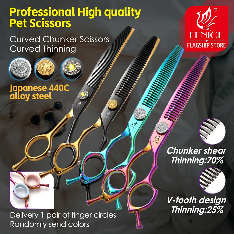 

Fenice Professional 7.25 Inch Black Gold Dog Grooming Scissors Curved Thinner Chunker Scissors Shears For Dogs Tijeras Tesoura