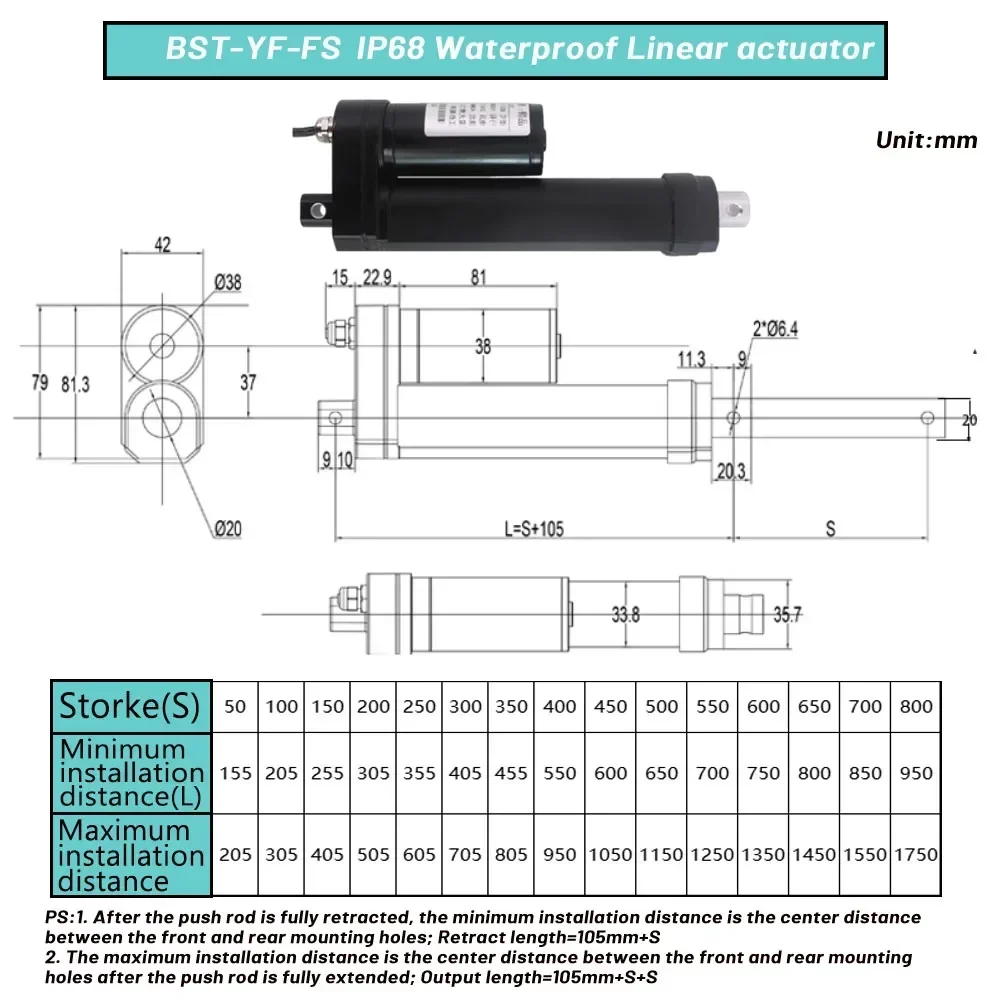 IP68 Waterproof Electric Push Rod High Thrust 1200N Linear Actuator Electric Cylinder Push Rod DC12-48V Reciprocating Motor