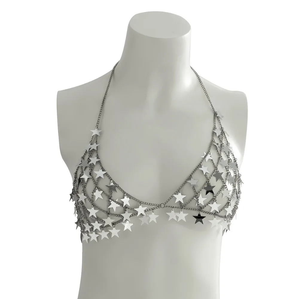 Unterwäsche-Brustkette mit Sternen-Pailletten, goldfarben, Boho-Metallkette, Körperschmuck, verstellbar, Urlaubsstil, Bikini-Halter-Top für Mädchen