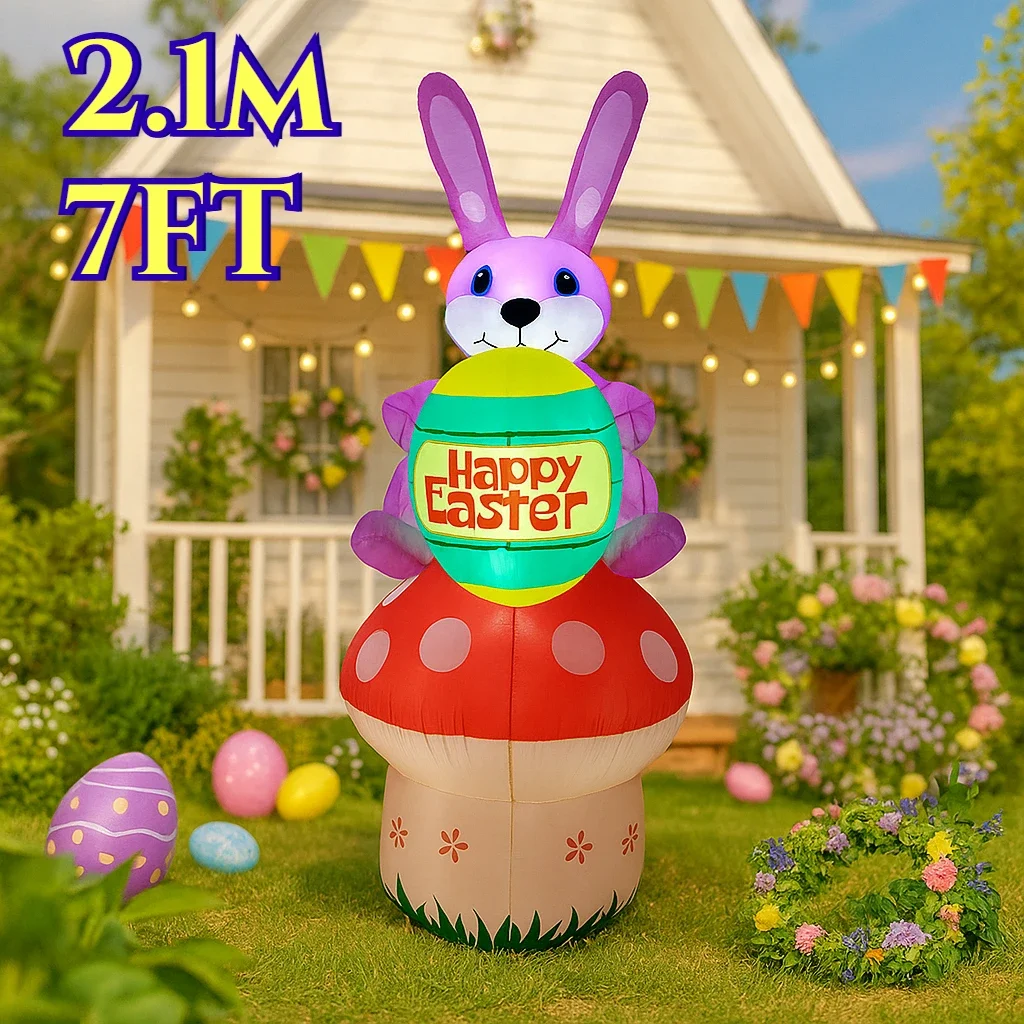 

Happy Easter Inflatable Toys 2.1M/6.8FT Rabbit Sit on Mushroom Decor Built-in LED Light Model Outdoor Garden Party Ornament