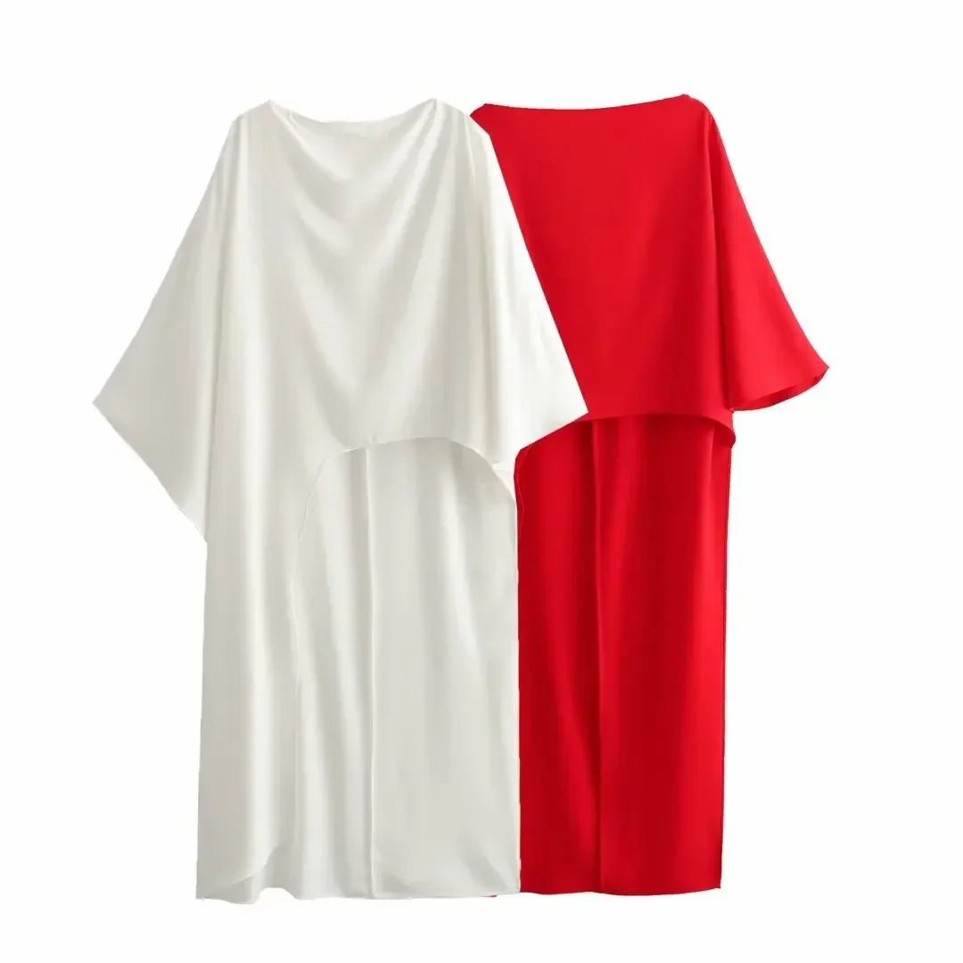 Female Stylish Solid Blouses Asymmetric Cape Style Red White Satin Shirt Half Sleeves Women\'s New Elegant Tops Casual Shirt