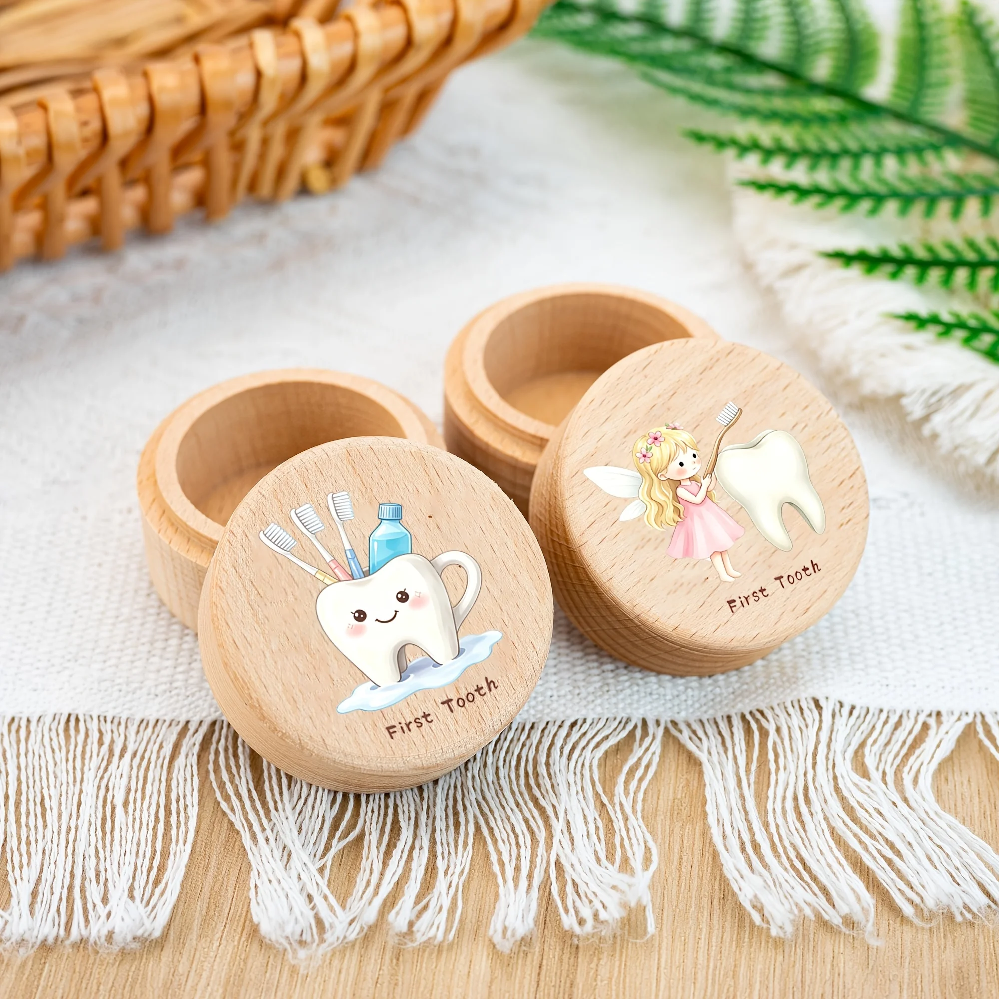 Precious Wooden Box 2D Baby Teeth Fetal Hair Storage Portable Souvenir Wisdom Teeth Desktop Decor Minimalist Design Fairy Tale