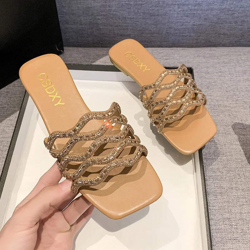 Summer Sandals Women Flip Flops Rhinestone Flat Sandals Ladies Slippers Shoes Female Round Toe Bling Luxury Sandalias Mujer