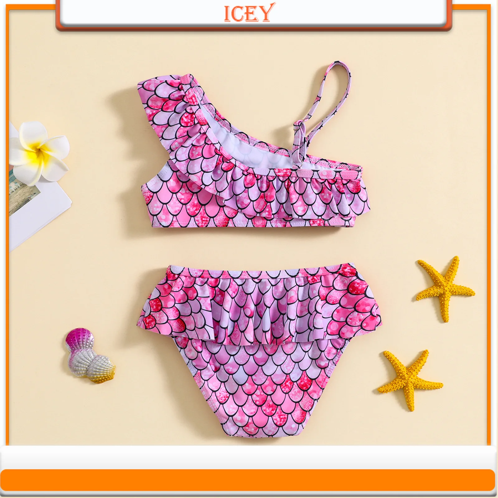 Kids Baby Girl Fish Scale Print One Shoulder Suspenders Pleated Lace Split Set Girls Swimsuit Two-Piece Suits