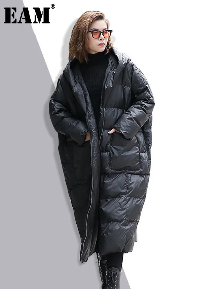 [EAM] New Winter Loose Parkas Hooded Long Sleeve Black Long Cotton-padded Warm Loose Big Size Jacket Women Fashion 2025 JD12101