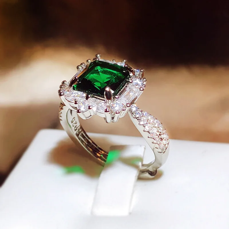 

Solid 925 Silver Sterling Pure Green Emerald Ring Jewellry for Women Anillos De Wedding Bands Engagement Natural Emerald Rings