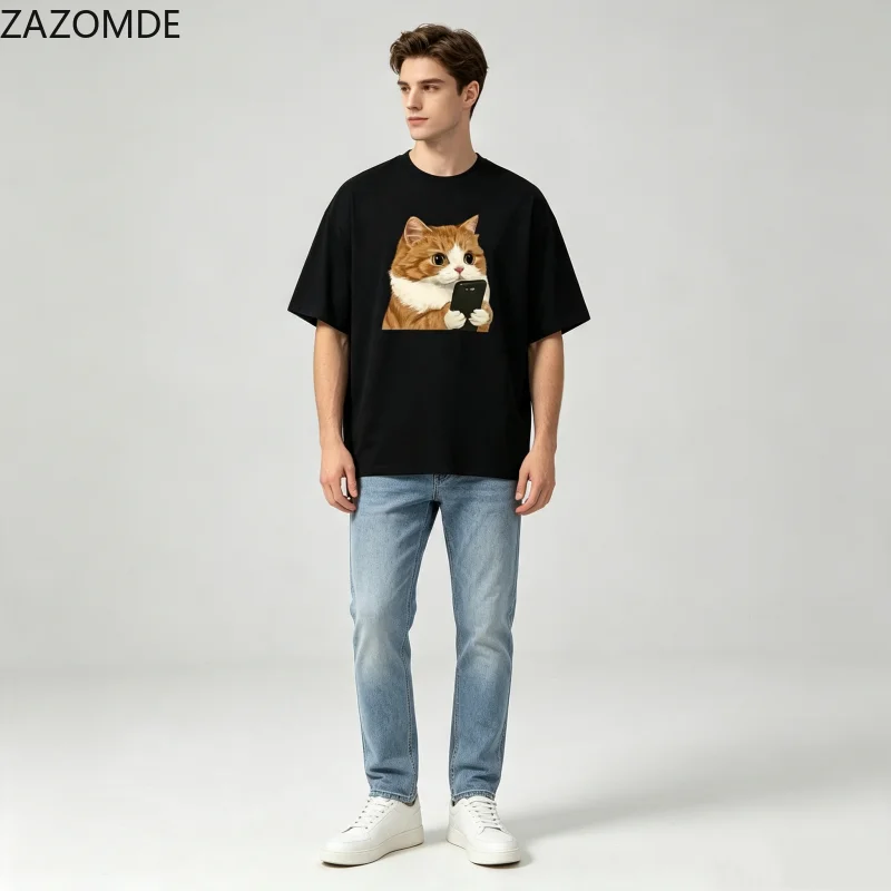 ZAZOMDE Funny Meme Orange Cat Holding Phone Graphic Oversized Tshirt Simple Fashion Basic Short Sleeve Tees For Summer 2026