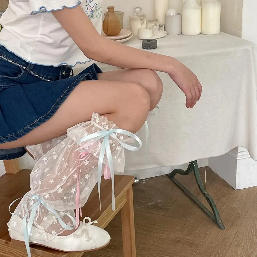 Permen warna segar kecil Retro Lolita kaus kaki renda lucu pita busur Balletcore penghangat kaki Kawaii kaus kaki Ruffles penutup kaki