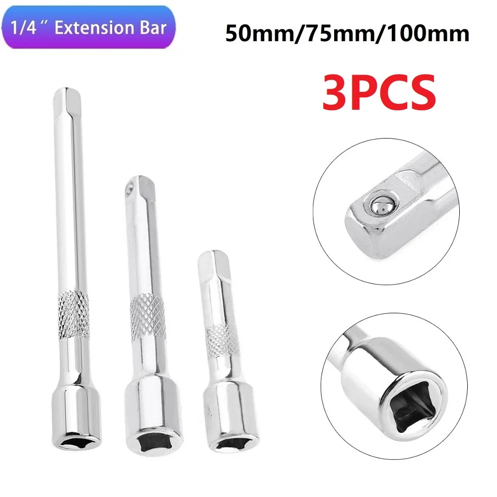 3Pcs 1/4 Inch Extender Bar Ratchet Socket Wrench Adapter 50/75/100MM Chromed Steel Extension Sleeve Wrench Hand Repair Tool