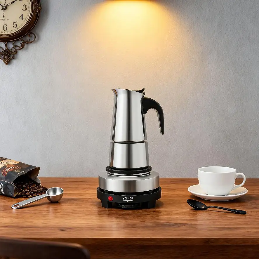 ماكينة الاسبريسو موكا وعاء الفولاذ المقاوم للصدأ إبريق قهوة الموقد Percolator ماكينة صنع القهوة 200 مللي/4 كوب مع موقد كهربائي المطبخ