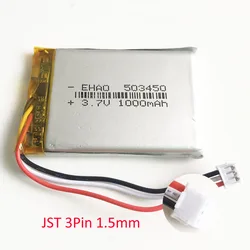 3.7V 1000mAh  Lithium Polymer LiPo Rechargeable Battery 503450 JST 1.5mm 3pin plug For GPS MP3 DVD PAD Camera Recorder Speaker