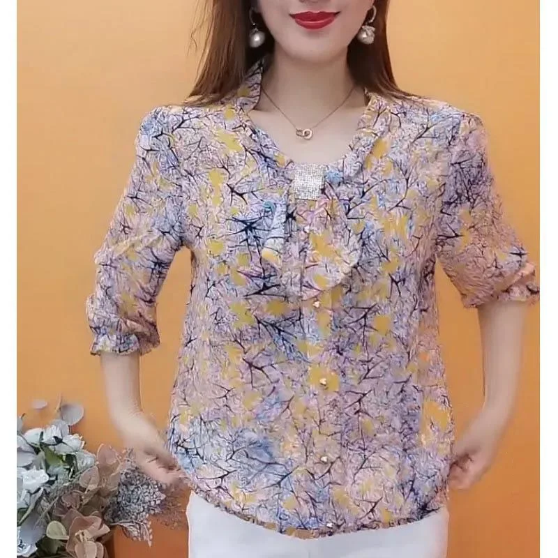 2023 Summer New Oversized Lace Trend Short Sleeve Women\'s Clothing Fashion Temperament Loose Bow Single-breasted Floral Blouse