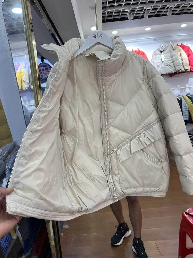 2025 Winter Neue Daunenjacke für Damen, kurzer Stil, koreanischer Stil, Spitze, Stehkragen, lässig, vielseitig, weiße Ente, Daunenmantel
