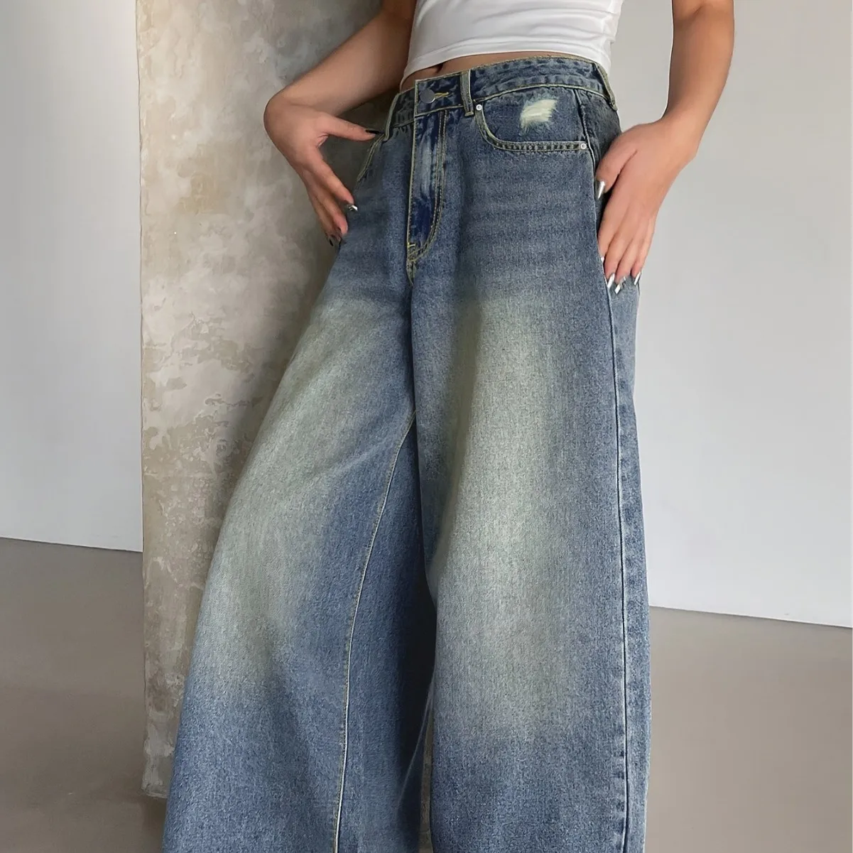 American Casual High-waisted Floor-length Jeans. 2026 Four Seasons New Fashionable Washed Ripped Loose Wide-leg Jeans for Ladies