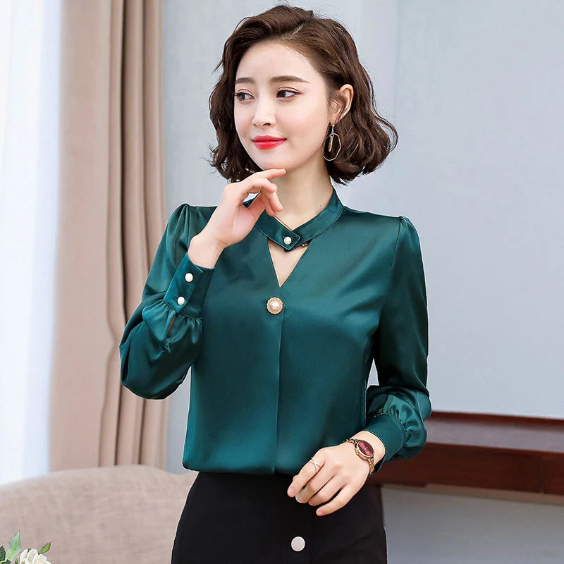 

Элегантная профессиональная рубашка, женская летняя ажурная дизайнерская блузка из тонкого ледяного шелка, пуговица с v-образным вырезом, темпераментная однотонная рубашка Mujer