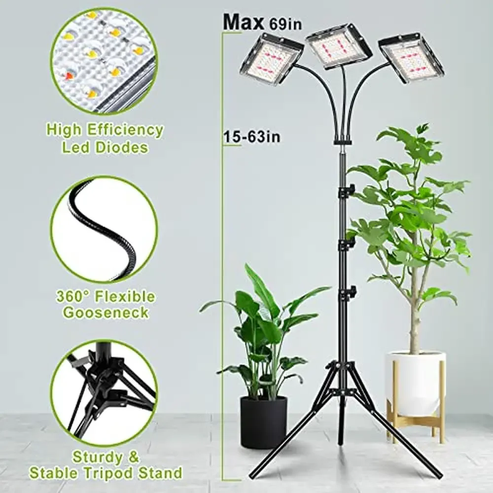 Full Spectrum Tri-Head LED Plant Grow Light with Timer Stand Adjustable Height Indoor Plants Orchids Succulents Tomatoes