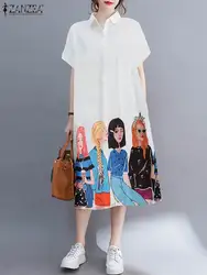 2023 verão manga curta midi vestidos zanzea casual impresso solto lapple botão up sundresse oversized moda ol vestidos femininos