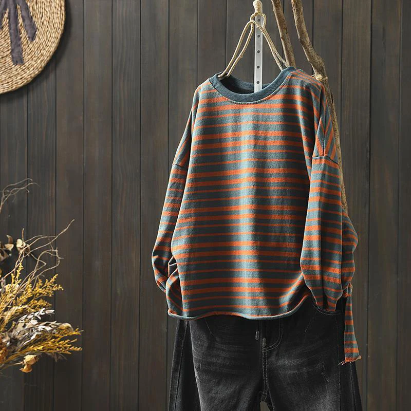 2022 Spring New Arts Style Women Long Sleeve Loose Striped Tee Shirt Femme Tops 100% Cotton Casual O-neck T-shirt V997