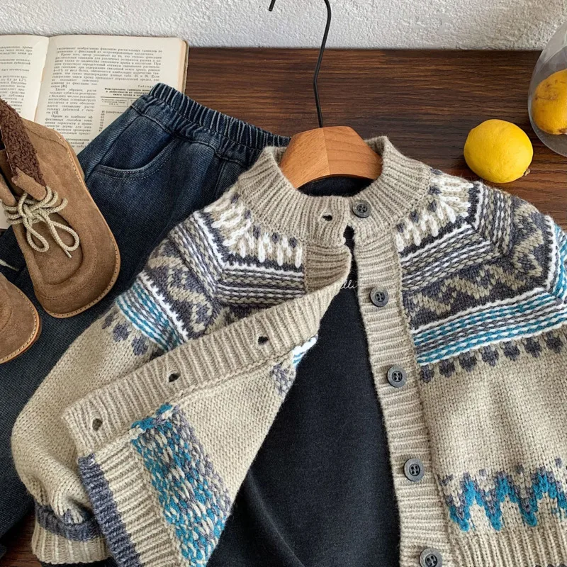2026 Autumn Winter Children Boy Girl Knitt Sweater Cardigan Fair Isle Thick Warm Jumper Stylish Toddler 2-12 Years Outfit