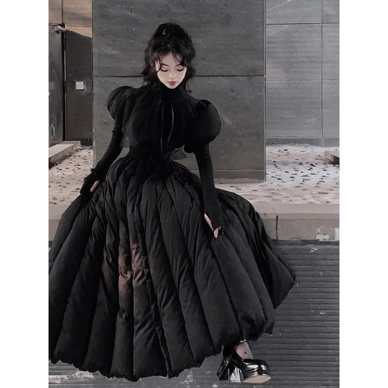 Fashionable Slim Down Long Skirt, Winter Black Waist Cinched High Neck Dress, Versatile And Casual Fluffy Skirt With Temperament