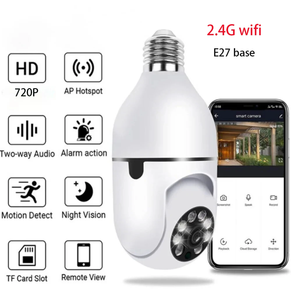 Home Security  Camera 2.4G WiFi E27 Lamp Holder Interface HD Pixel LED Light Night vision Motion Detection Voice Camera APP v720