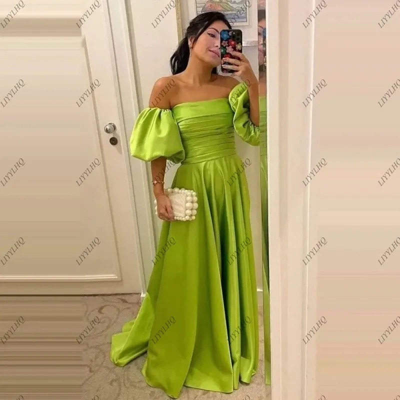 

LIYYLHQ Hot Satin Green Prom Dress For Elegant Women Off Shoulder Short Sleeves Formal Evening Dresses Bridesmaid Pageant Gowns