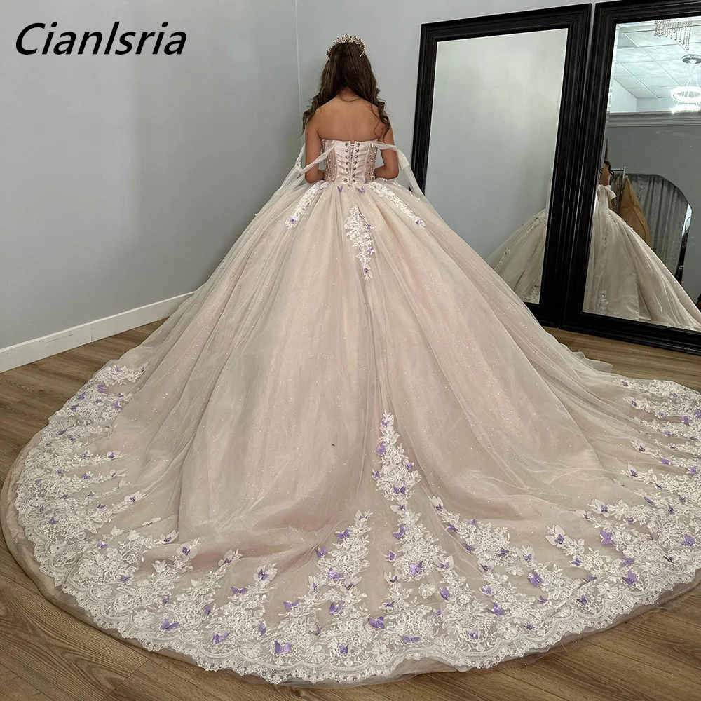 Vestido De princesa para quinceañera, traje De baile con perlas De diamante champán claro, apliques De mariposa 3D, corsé De encaje, 15 Años