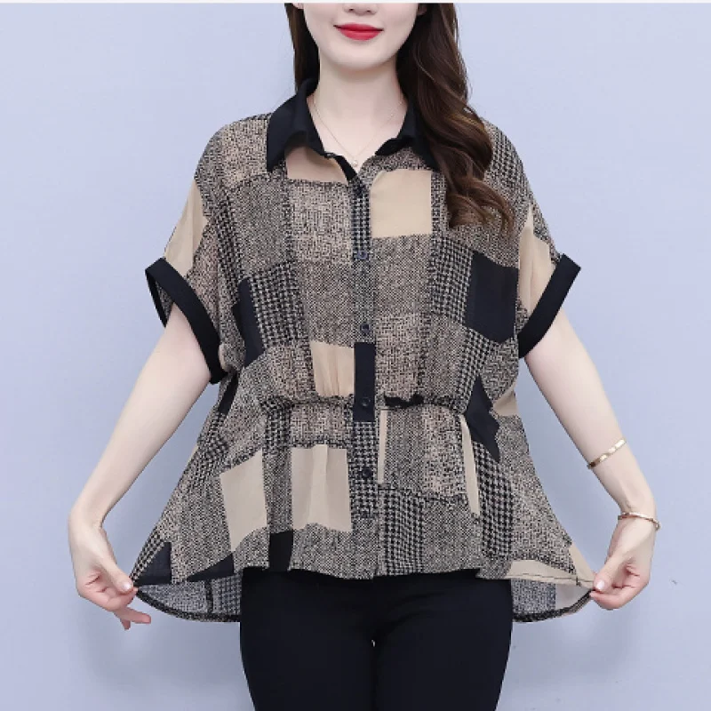 Women Summer Fashion Loose Large Size Appear Thin Plaid Turn-down Collar Short Sleeve Chiffon Shirts Ladies Casual Trend Top Tee