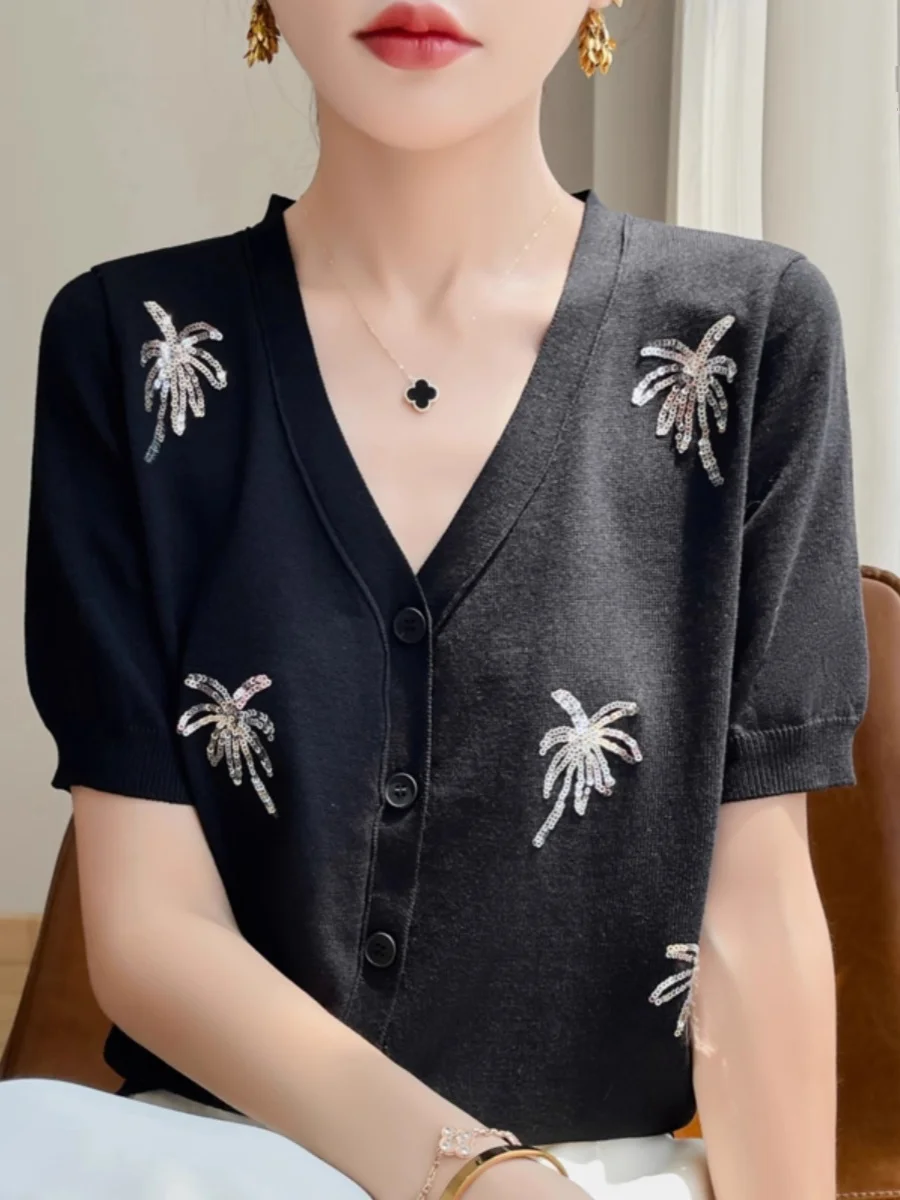 

Ele V-Ne Вышитый блесток дизайн вязаный открытый кардиган свободный модный антивозрастной ор Све женский трикотаж